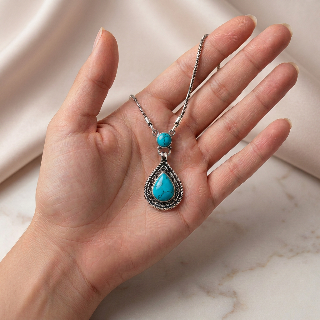 925 Silver Heritage-Inspired Necklace with a Teardrop Turquoise Stone