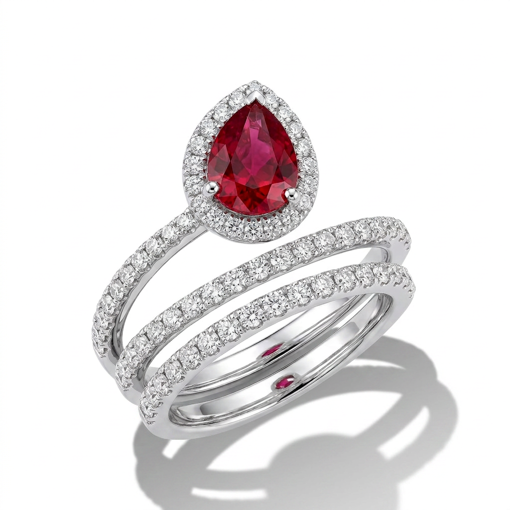 925 Silver Ring with a Luxurious Red Stone and a Triple-Layer Design