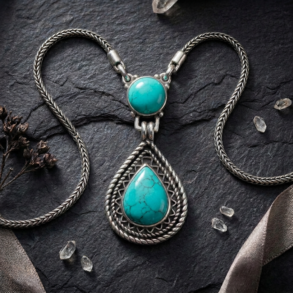 925 Silver Heritage-Inspired Necklace with a Teardrop Turquoise Stone