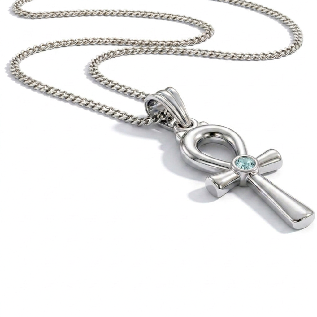 Silver Pharaonic Ankh Pendant Necklace with Sky Blue Stone 925 Silver