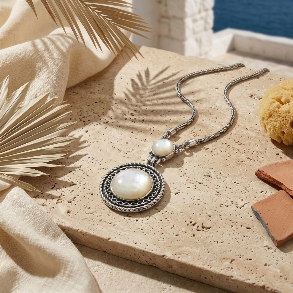 925 Silver Necklace with Round Mother of Pearl Stone