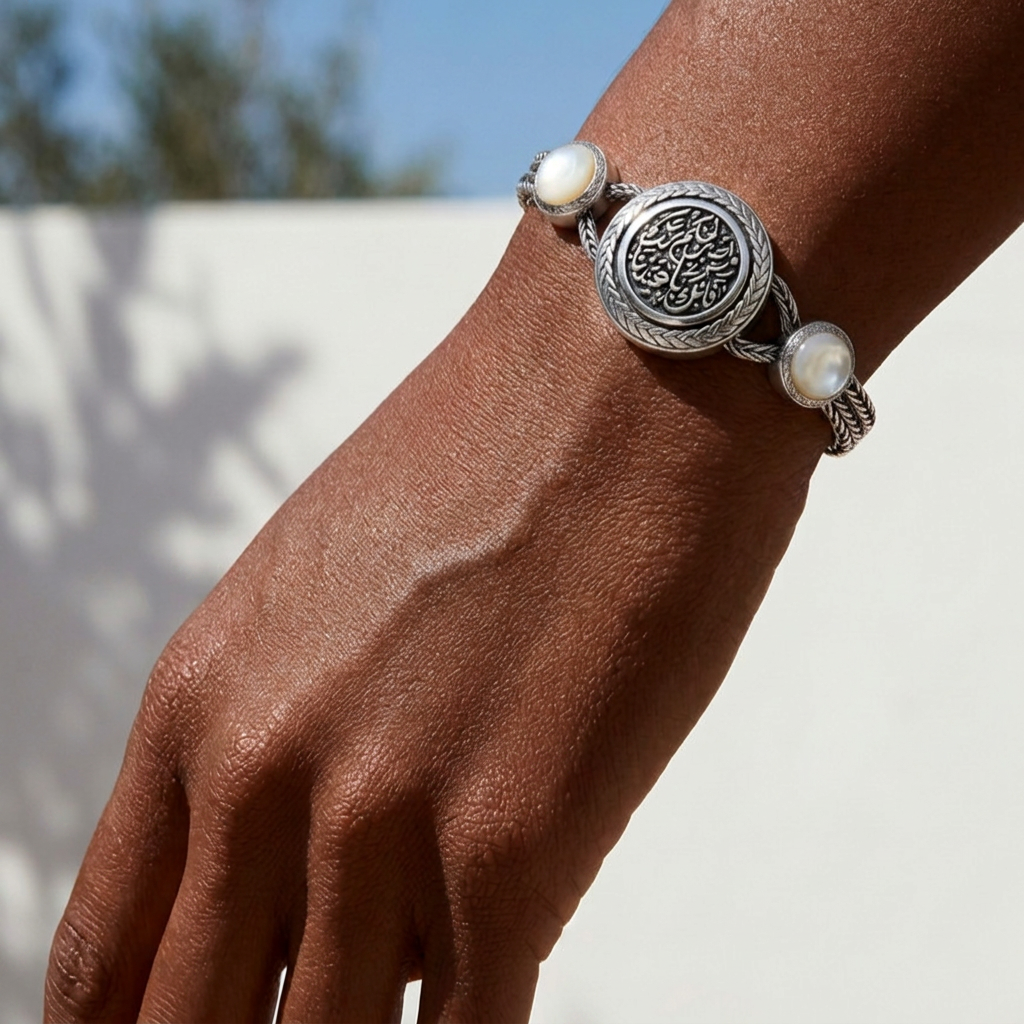 Egyptian 925 Silver Engraved with
"Be Patient for the Decision of Your Lord, for You Are in Our Sight" with Mother of Pearl Bracelet 