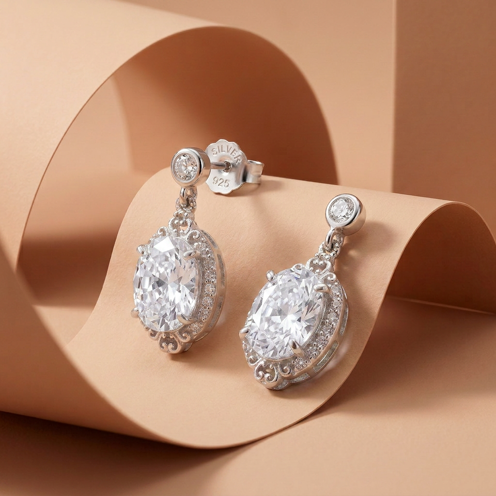 925 Silver Earrings with a Shiny Oval Stone, Fully Studded