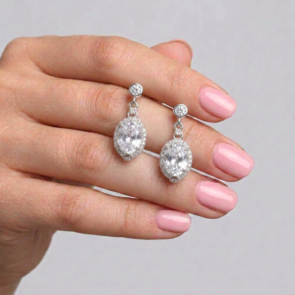 925 Silver Earrings with a Shiny Oval Stone, Fully Studded