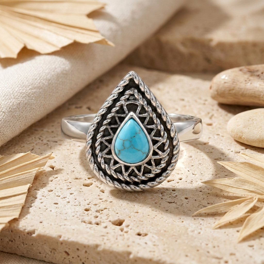 925 Silver Ring with Teardrop Turquoise Stone