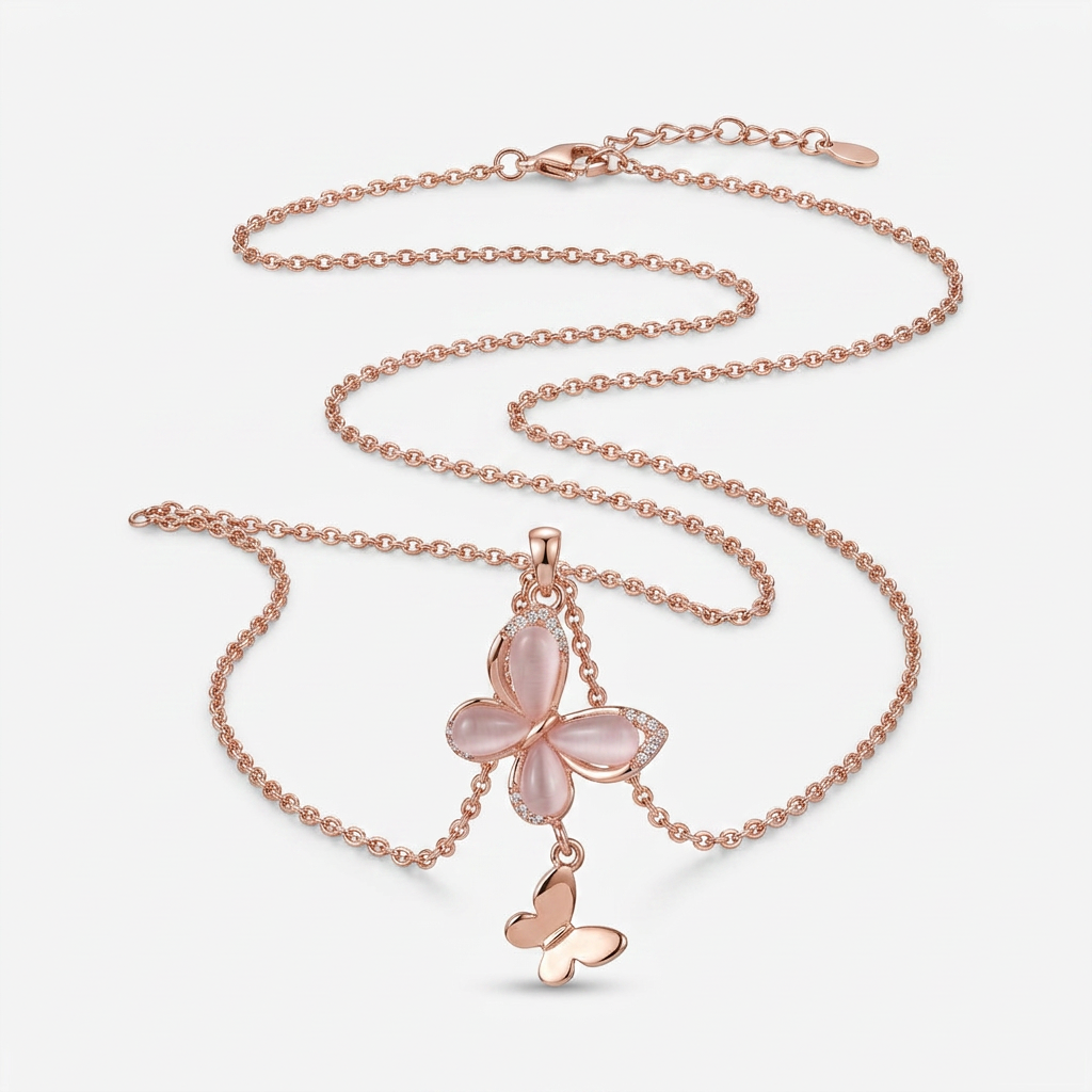 925 Silver Rose Gold Pink Butterfly Necklace