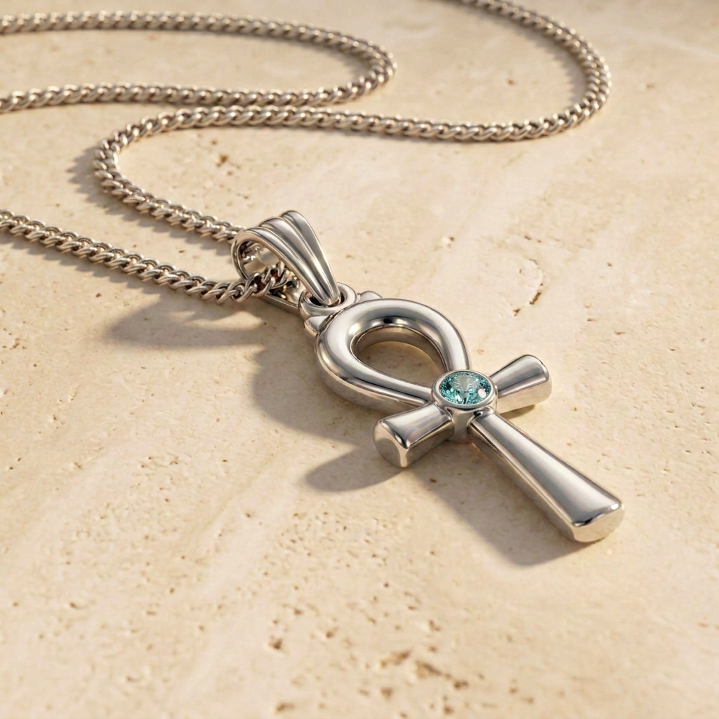 Silver Pharaonic Ankh Pendant Necklace with Sky Blue Stone 925 Silver