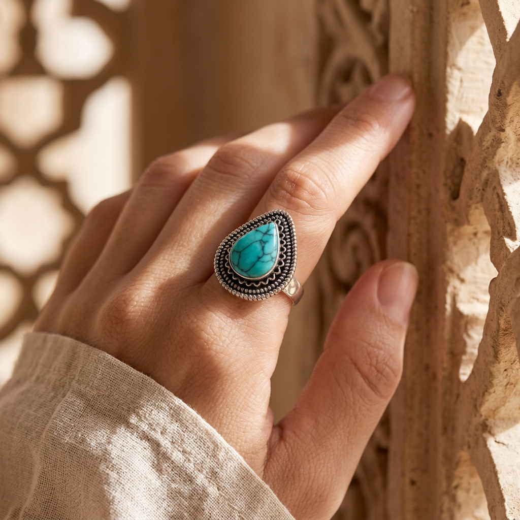 925 Silver Women Ring Crowned with Turquoise Stone