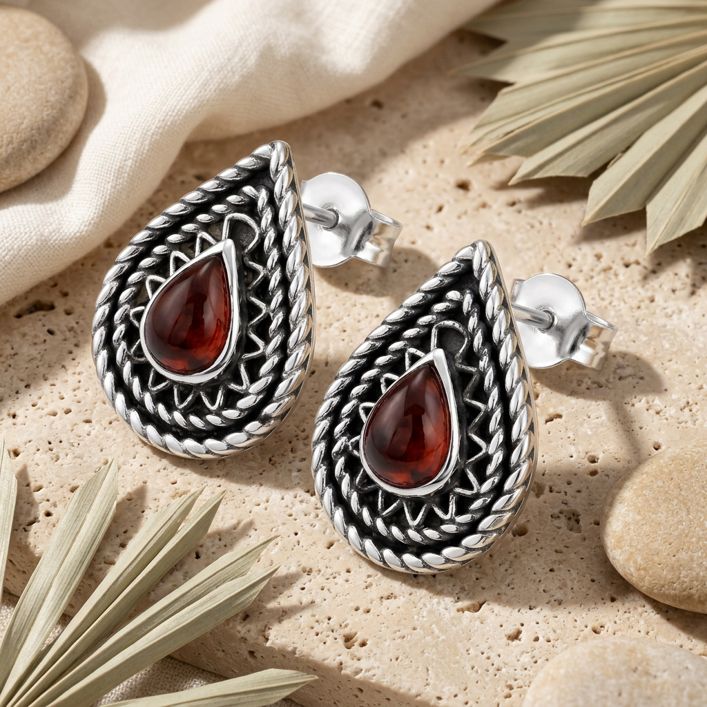 925 Silver Teardrop Earrings with a Red Agate Stone