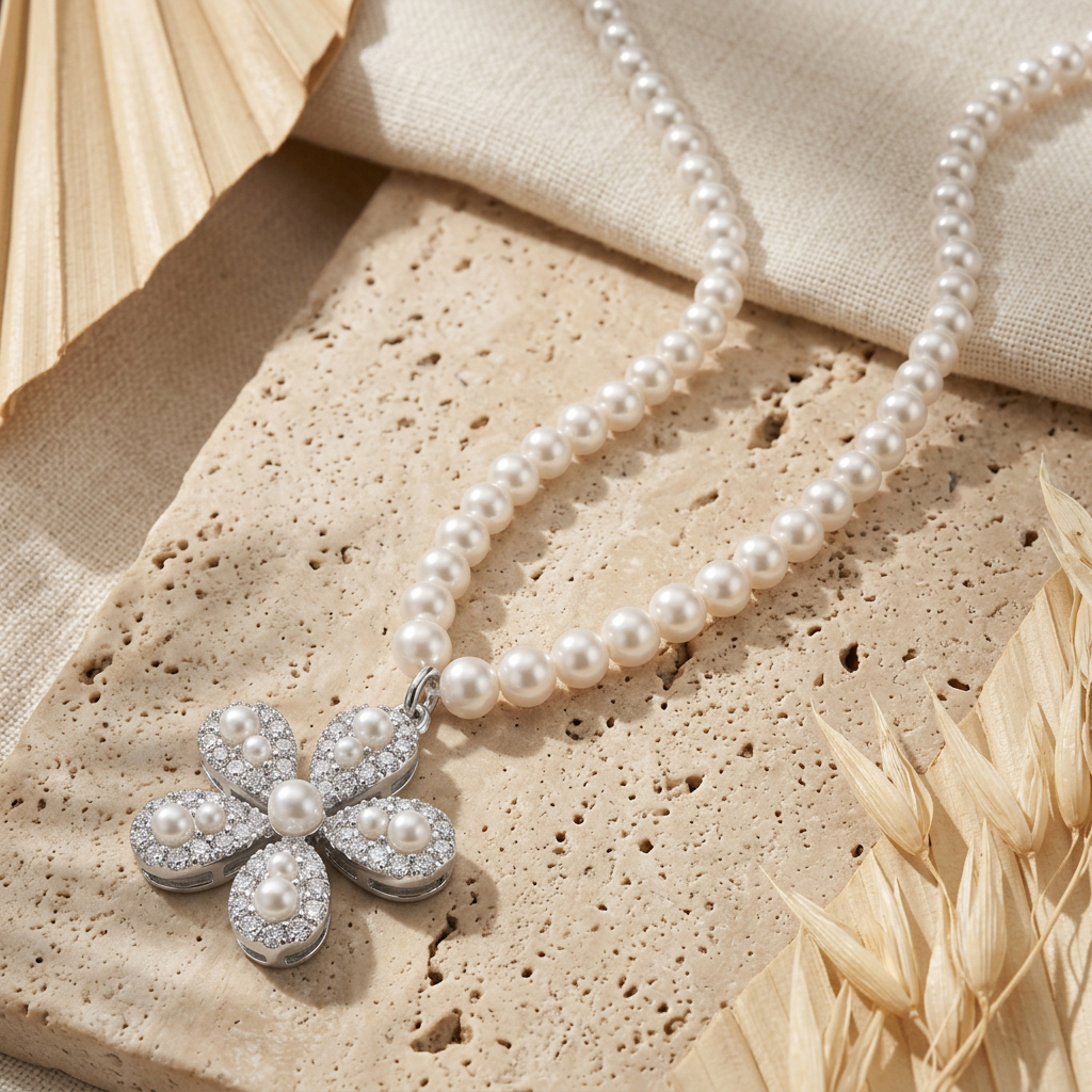 Pearl Necklace with Stone-Set Flower Pendant