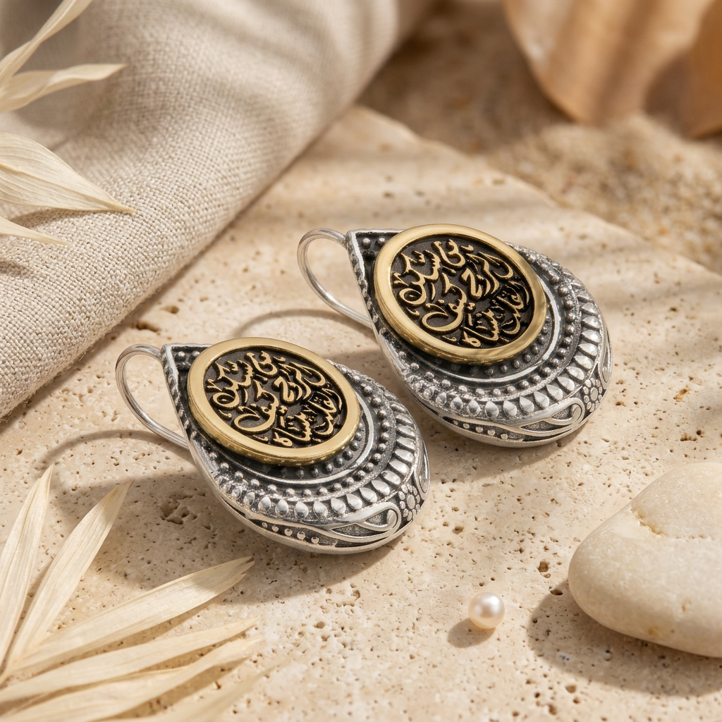 925 Silver Earrings Engraved with "Man Yaskon Al-Rouh Kaif Al-Qalb Yansah"