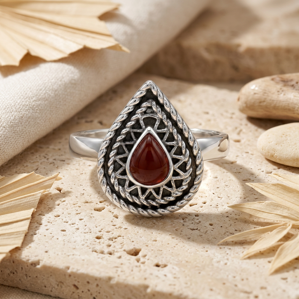 925 Silver Heritage-Inspired Ring with a Teardrop Agate Stone