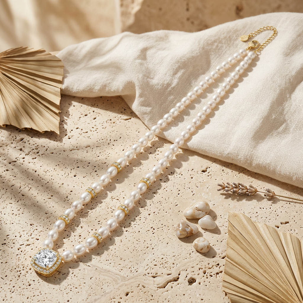 Gold-Plated Pearl Necklace with Halo Stone Pendant