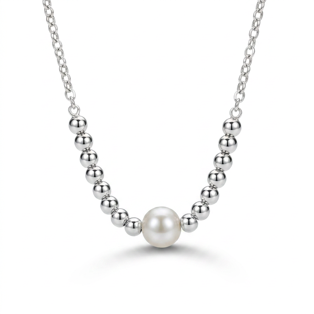 Silver Bead Necklace with Center Pearl, 925 Silver