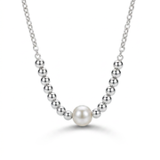 Silver Bead Necklace with Center Pearl, 925 Silver