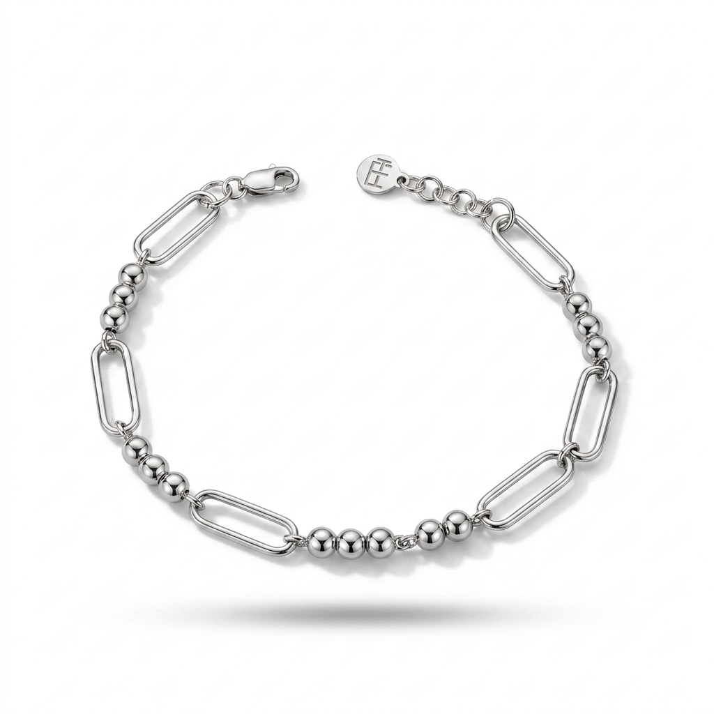 Paperclip Link Bead Bracelet in 925 Silver