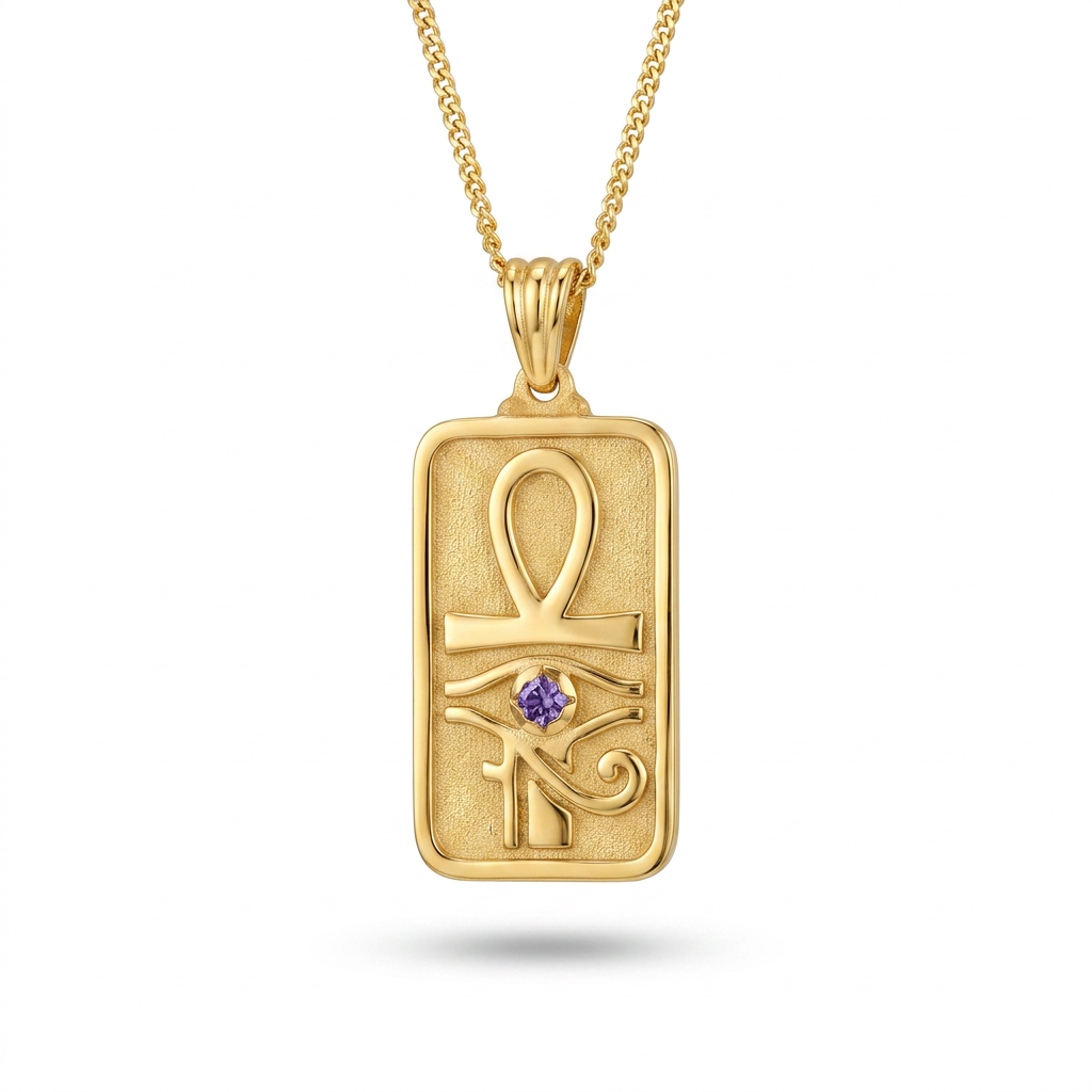 Eye of Horus and Ankh Rectangular Pharaonic Necklace 925 Silver Gold Plated with Purple Stone