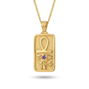 Eye of Horus and Ankh Rectangular Pharaonic Necklace 925 Silver Gold Plated with Purple Stone