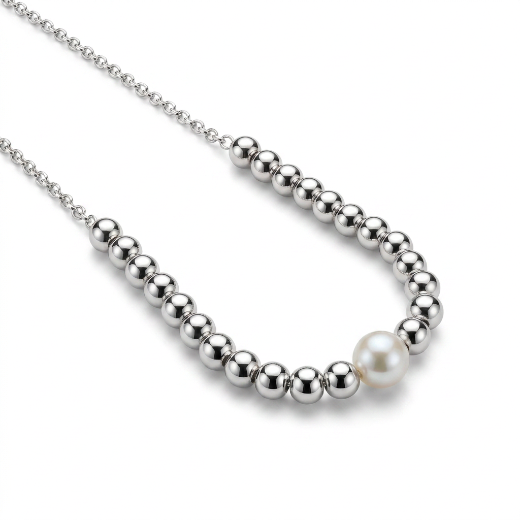 Silver Bead Necklace with Center Pearl, 925 Silver