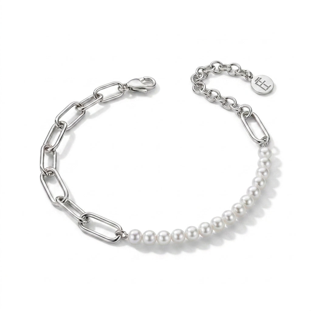 Paperclip Link Pearl Bracelet in 925 Silver