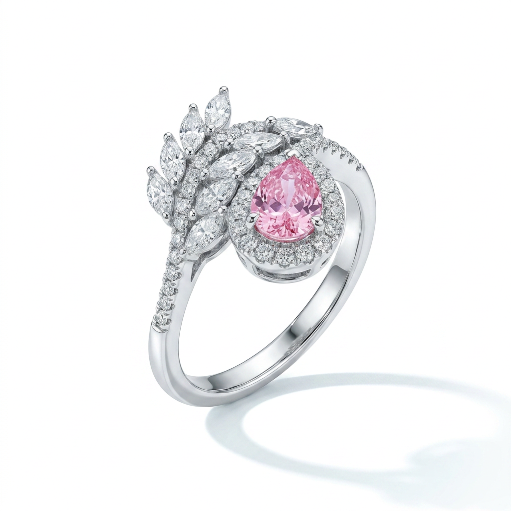 925 Silver Ring with a Leaf Design and Pink