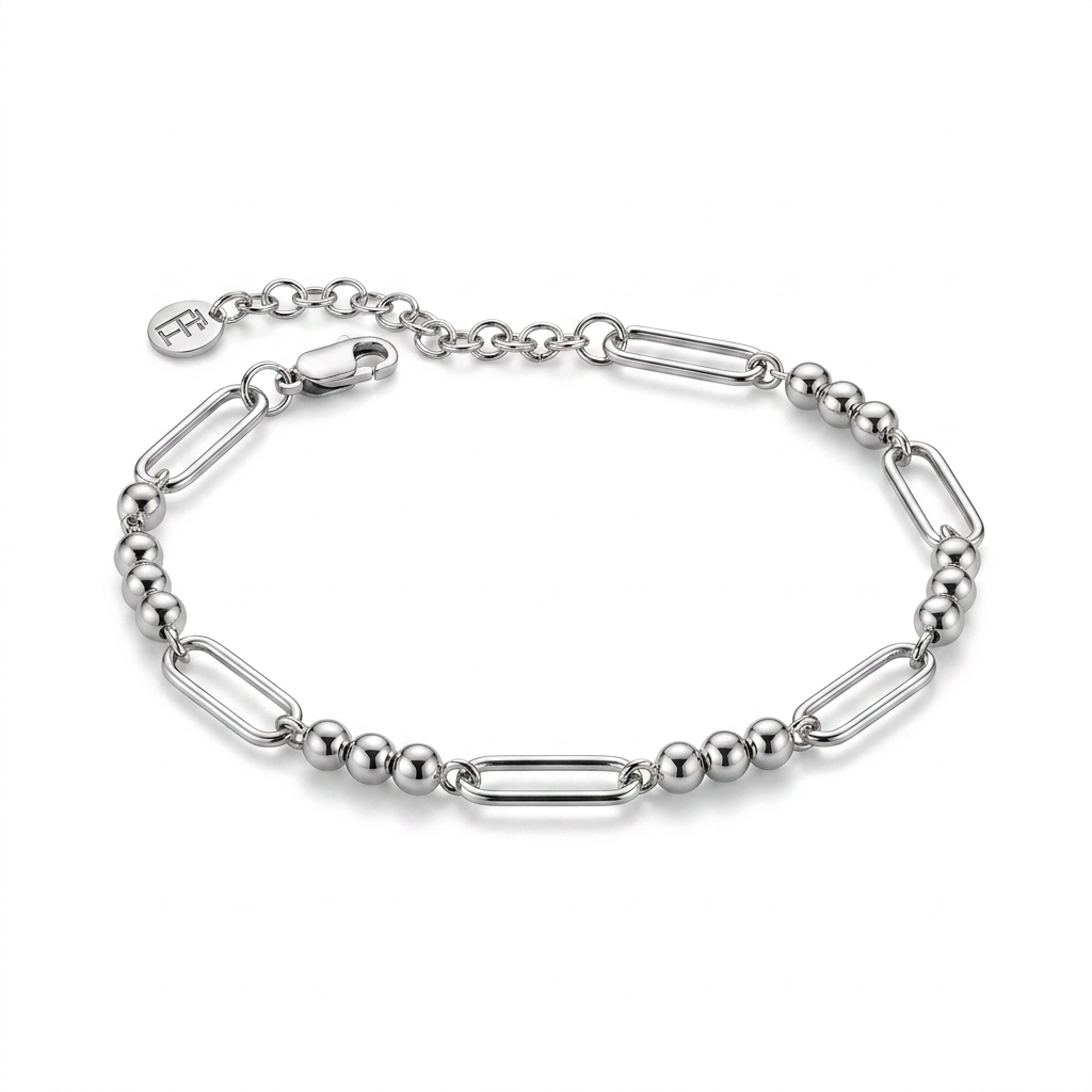 Paperclip Link Bead Bracelet in 925 Silver