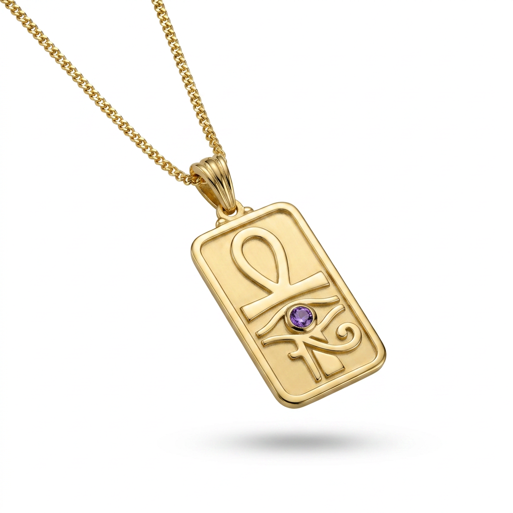 Eye of Horus and Ankh Rectangular Pharaonic Necklace 925 Silver Gold Plated with Purple Stone