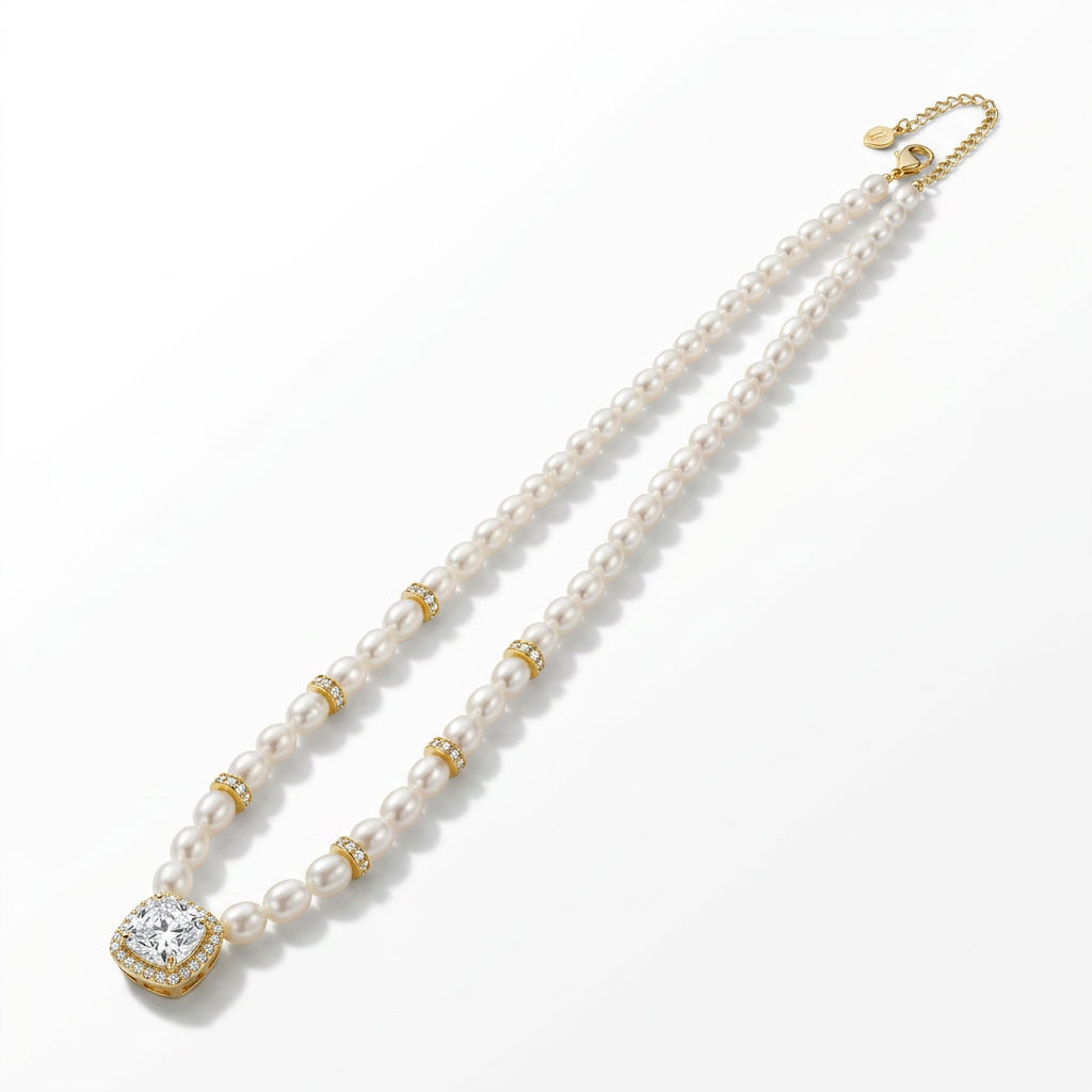 Gold-Plated Pearl Necklace with Halo Stone Pendant