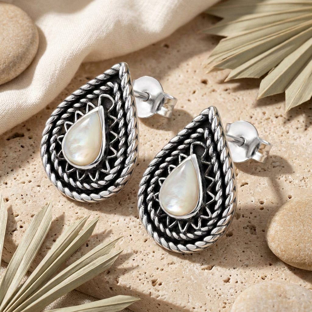 925 Silver Earrings with Teardrop Mother of Pearl Stone