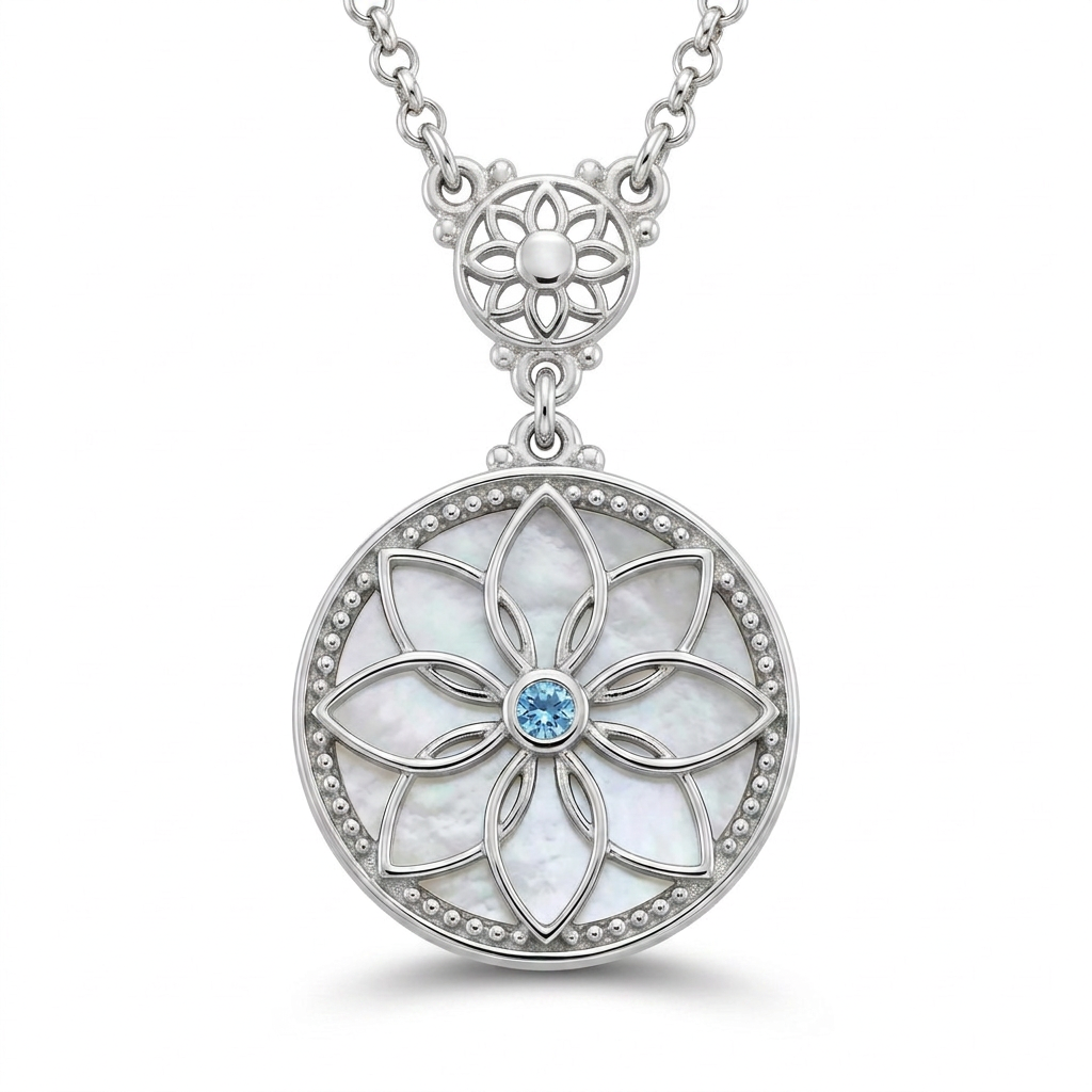 Floral Mother-of-Pearl Necklace with Aquamarine Stone, 925 Silver