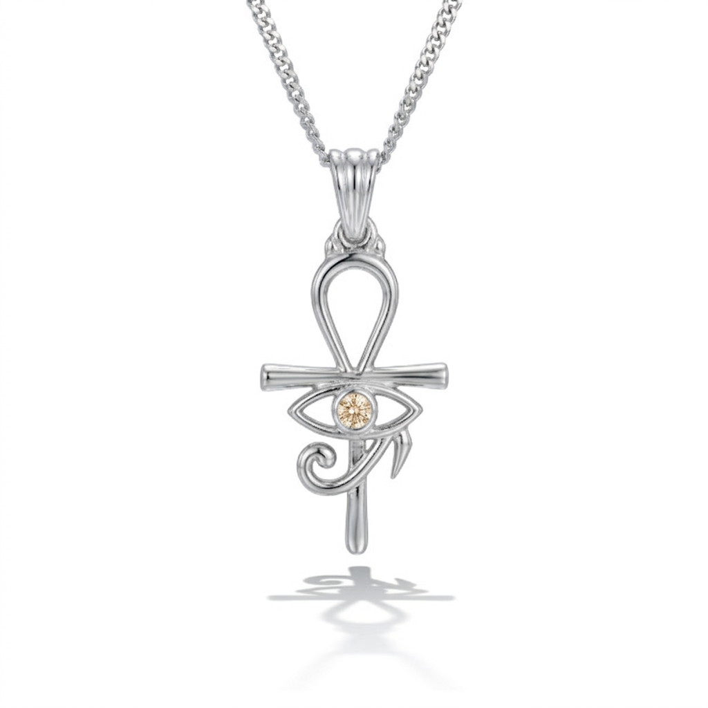 Pharaonic Eye of Horus and Ankh Silver Necklace with Yellow Stone 925 Silver