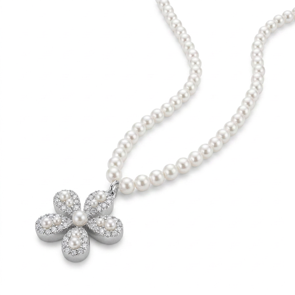 Pearl Necklace with Stone-Set Flower Pendant