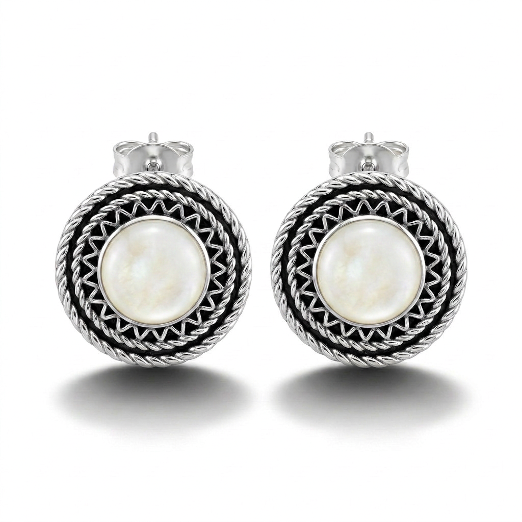 925 Silver Heritage Stud Earrings with Round White Mother-of-Pearl Stone