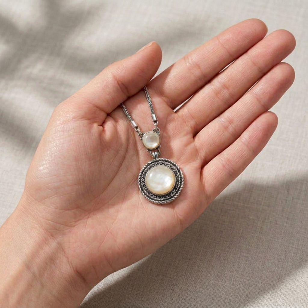 925 Silver Necklace with Round Mother of Pearl Stone