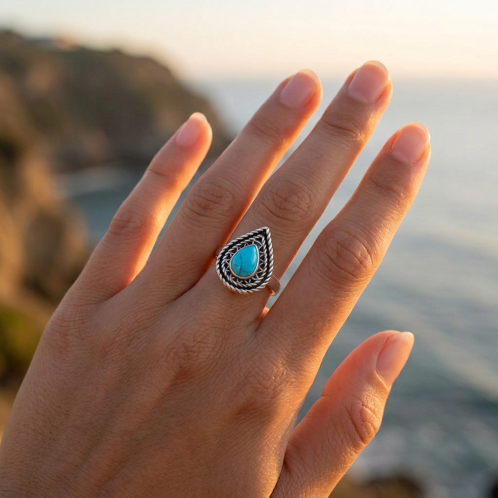 925 Silver Ring with Teardrop Turquoise Stone