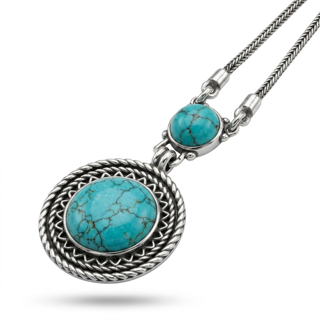 925 Silver Necklace with Double Round Turquoise Stones