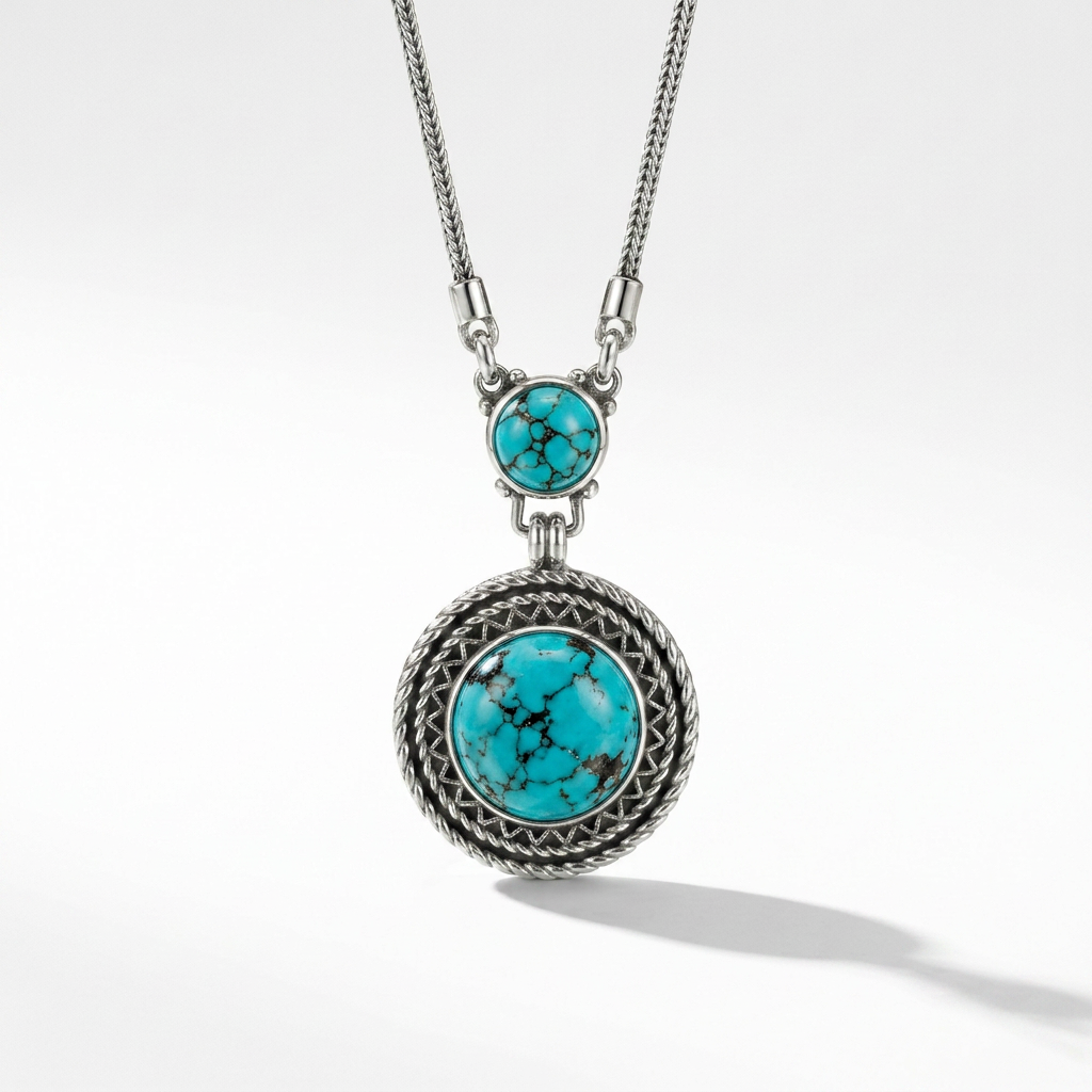 925 Silver Necklace with Double Round Turquoise Stones