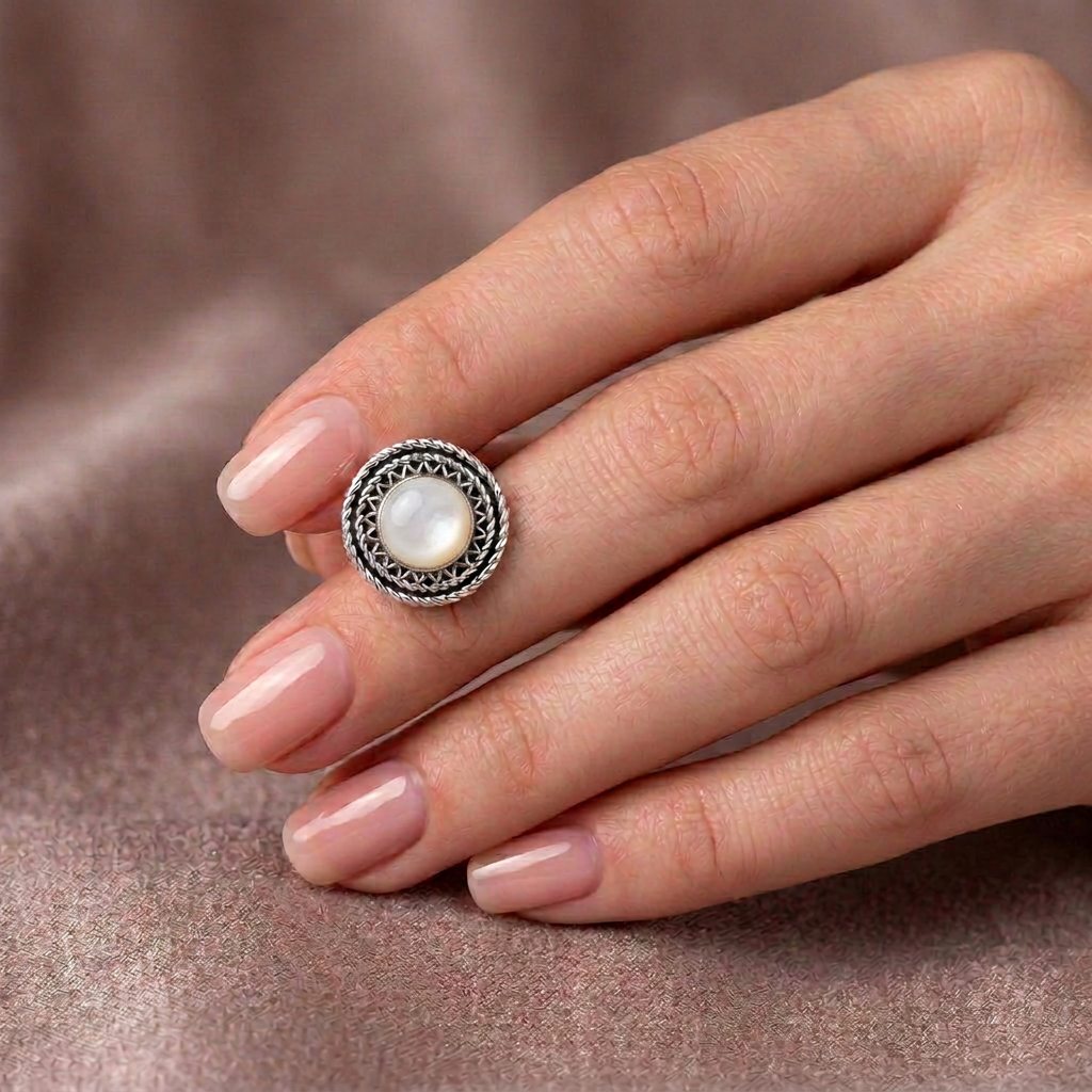 925 Silver Heritage Stud Earrings with Round White Mother-of-Pearl Stone