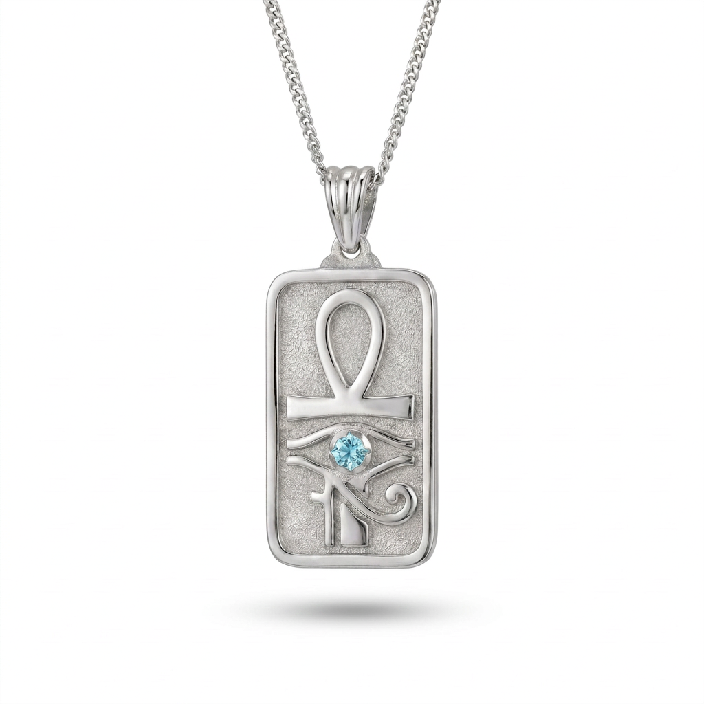 Eye of Horus and Ankh Rectangular Pharaonic Necklace 925 Silver with Blue Stone