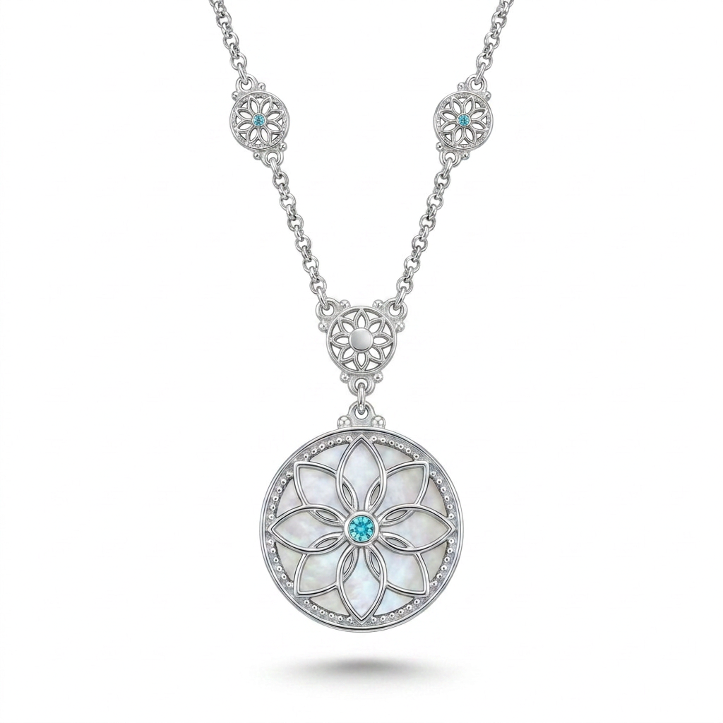 Floral Mother-of-Pearl Necklace with Aquamarine Stone, 925 Silver