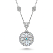 Floral Mother-of-Pearl Necklace with Aquamarine Stone, 925 Silver
