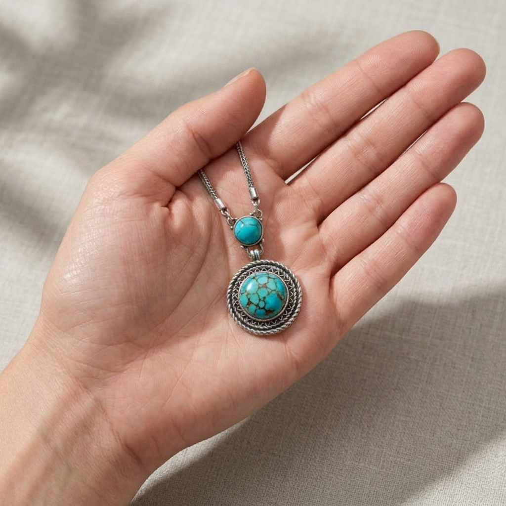 925 Silver Necklace with Double Round Turquoise Stones