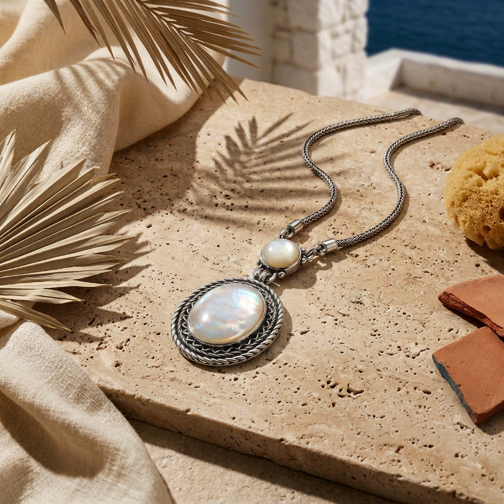 925 Silver Necklace with Oval Mother of Pearl Stone