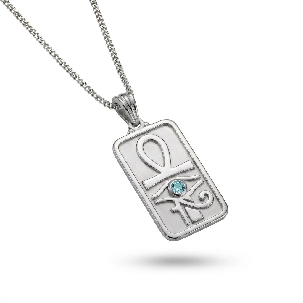 Eye of Horus and Ankh Rectangular Pharaonic Necklace 925 Silver with Blue Stone