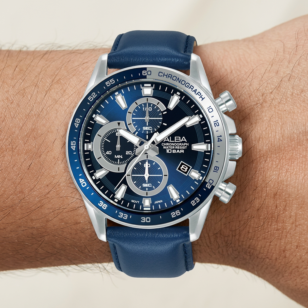 Alba Men's Active Chronograph Blue Leather Strap Blue Dial Watch AM3A29X1