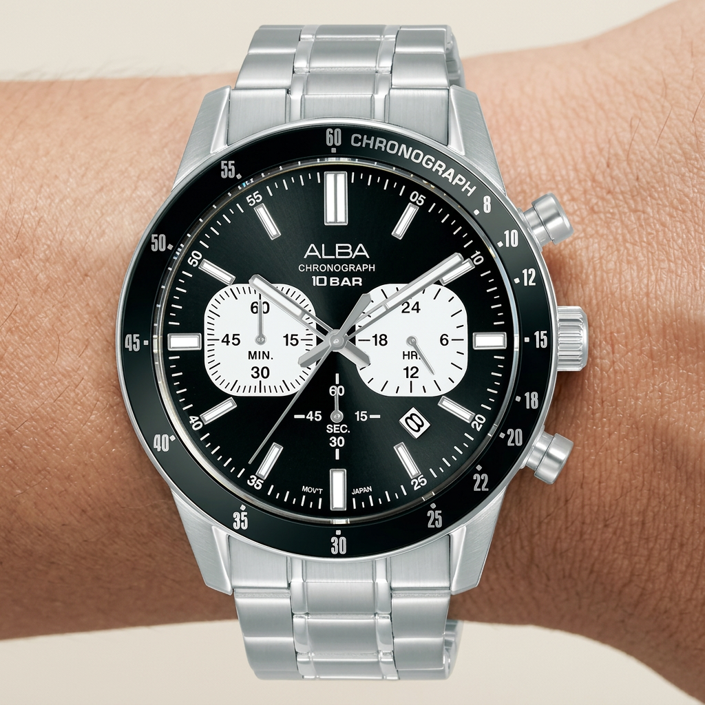 Alba Men's Watch Active Stainless Steel Band Black X White Dial AT3J79X1