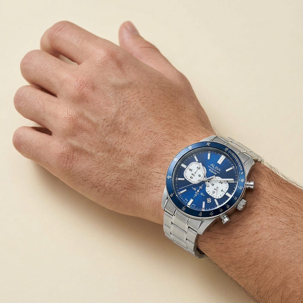 Alba Men's Watch Active Stainless Steel Band Blue X White Dial AT3J77X1