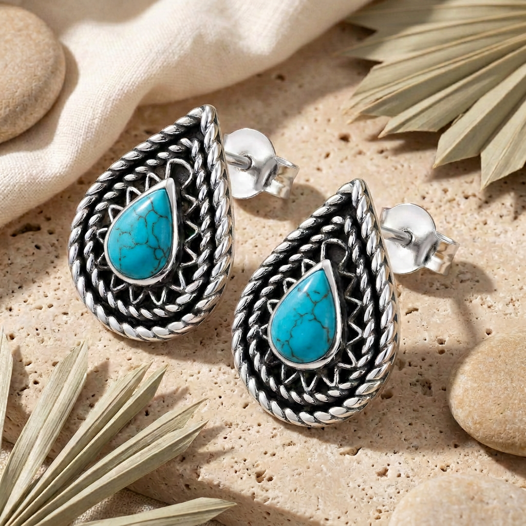 925 Silver Teardrop Turquoise Earrings in a Heritage Design