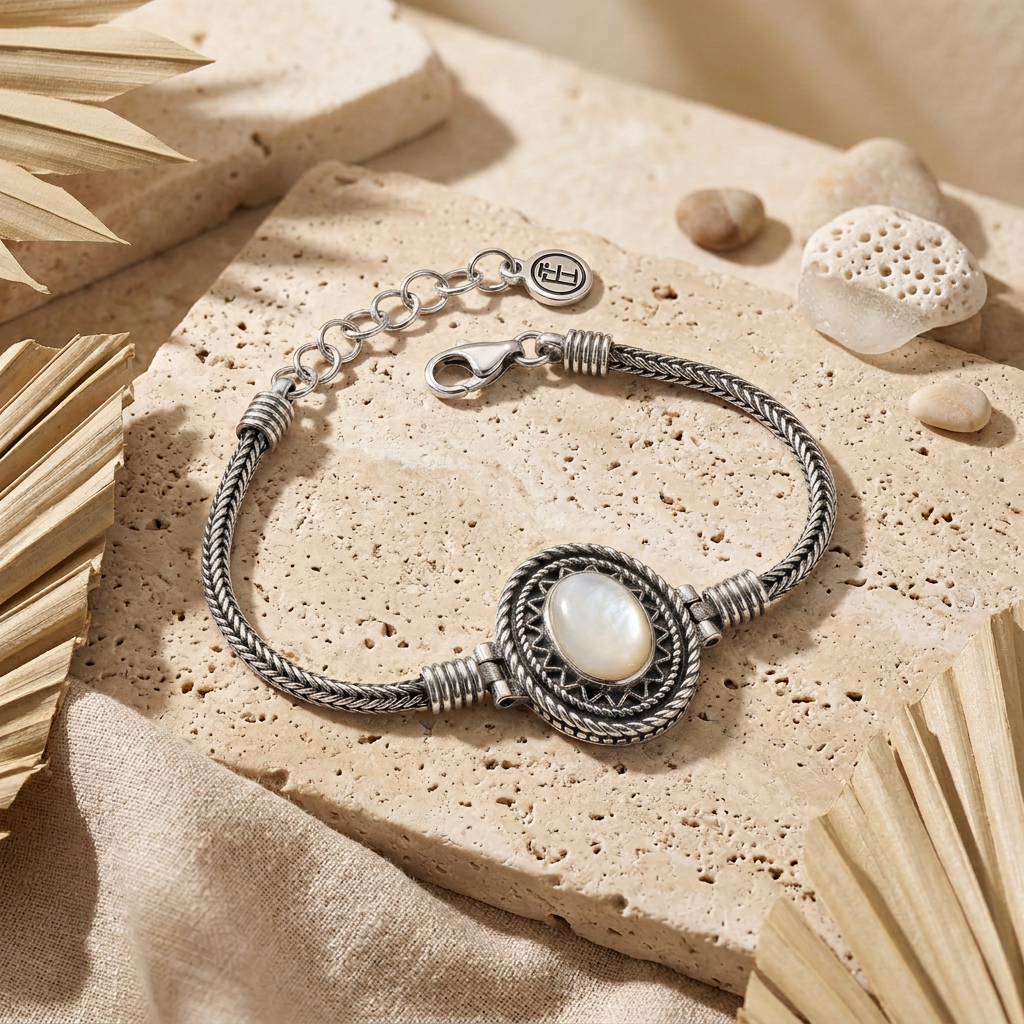 925 Silver Bracelet with an Oval Pearl Stone in a Classic Design