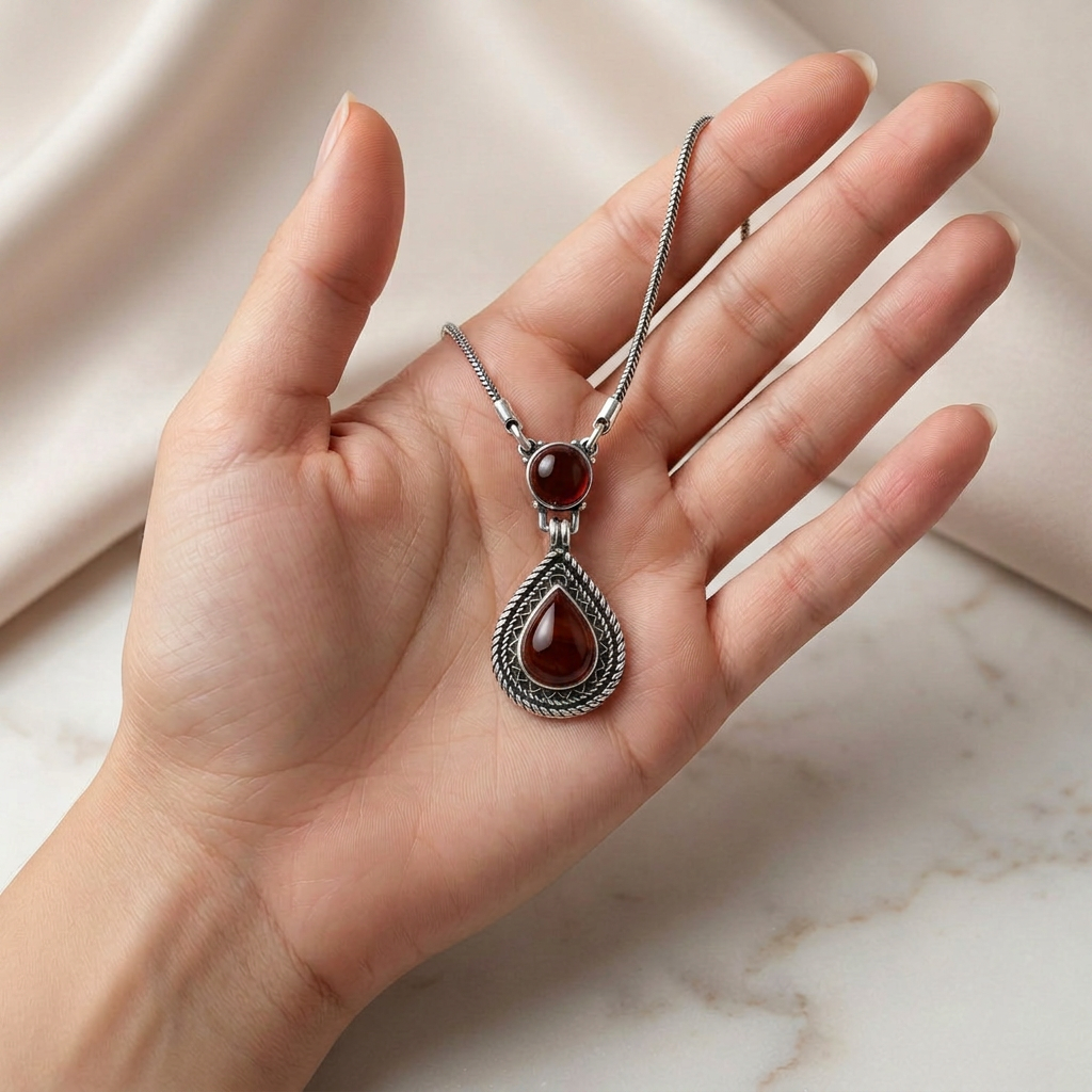 925 Silver Red Agate Necklace with a Heritage Design